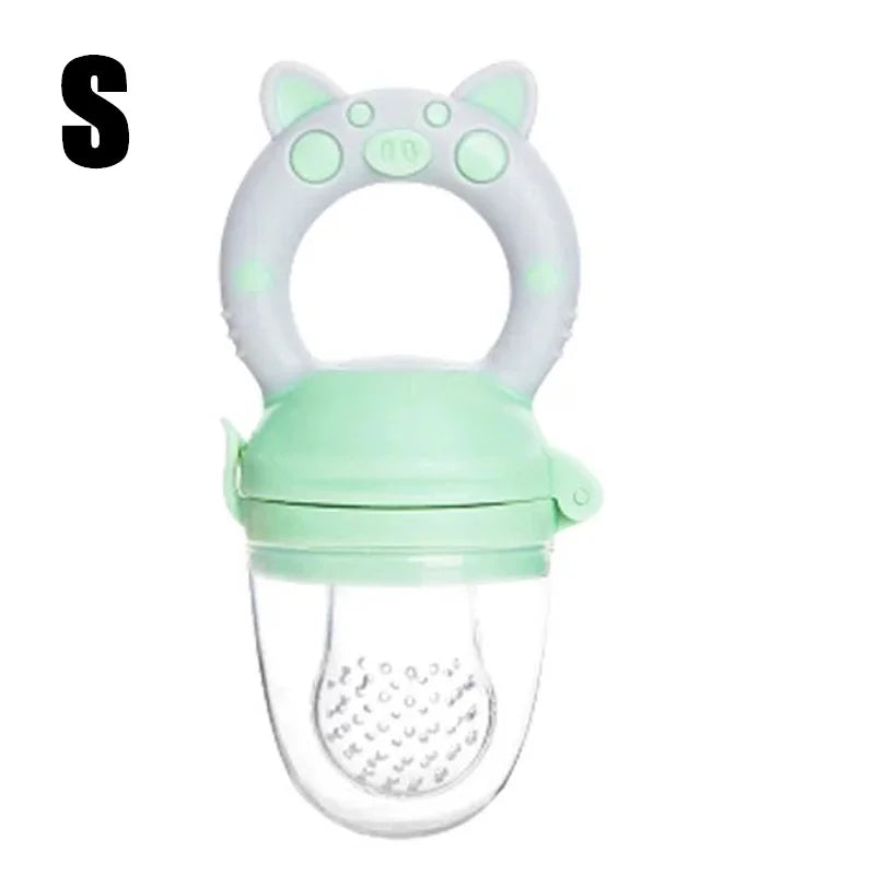 Green Small Measurement close-up of silicone baby fresh food feeder showing soft mesh and easy-grip handle for infants.