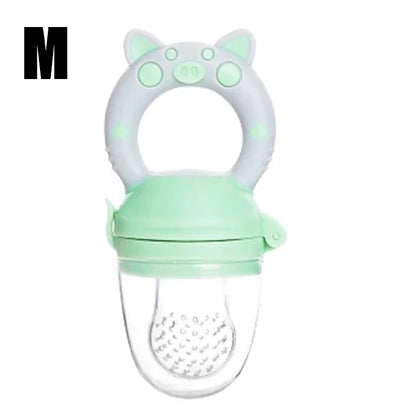 Green size close-up of silicone baby fresh food feeder showing soft mesh and easy-grip handle for infants.