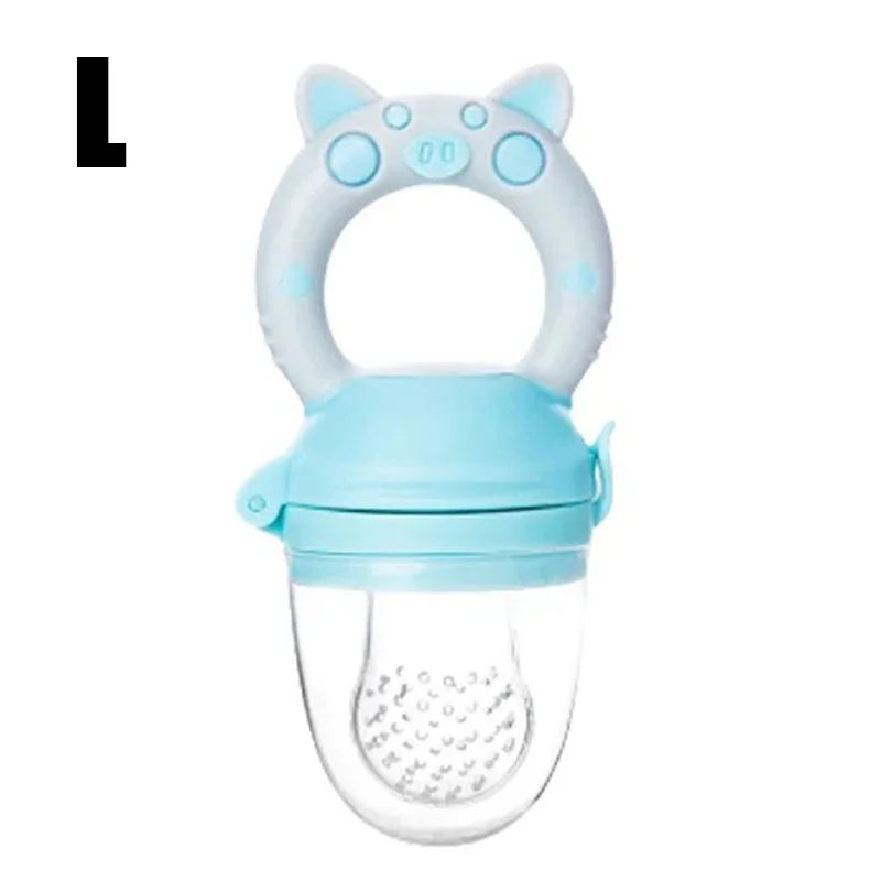 Large Blue Size Close-up of silicone baby fresh food feeder showing soft mesh and easy-grip handle for infants.