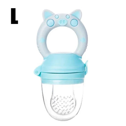 Large Blue Size Close-up of silicone baby fresh food feeder showing soft mesh and easy-grip handle for infants.