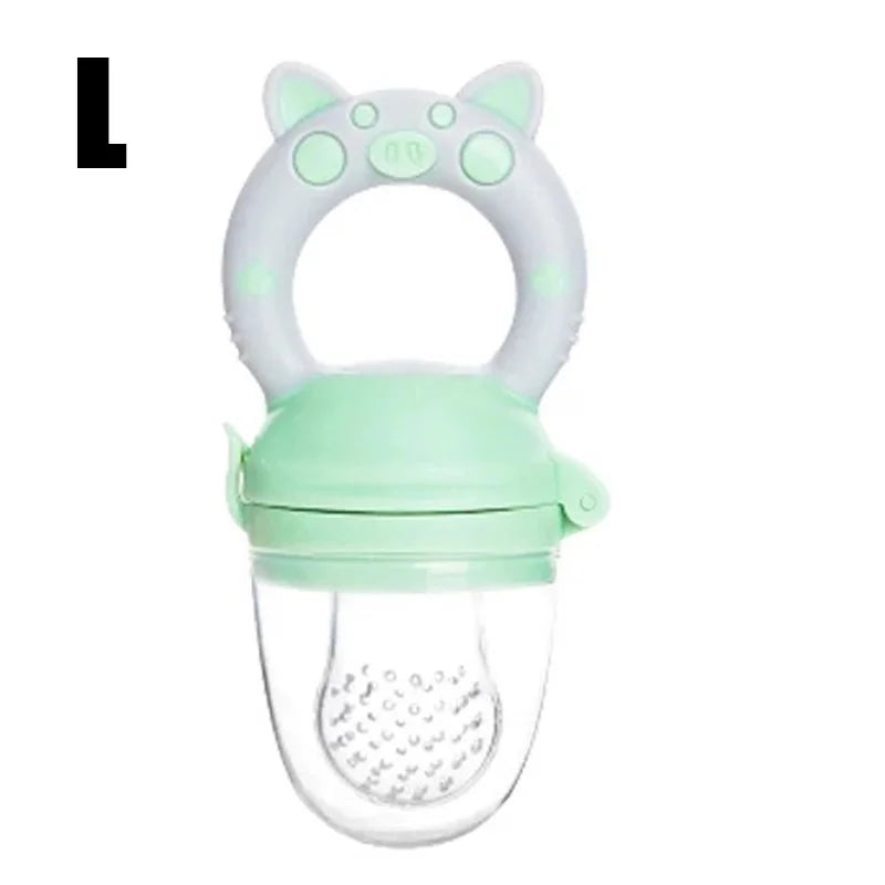 Large size green - silicone baby fresh food feeder showing soft mesh and easy-grip handle for infants