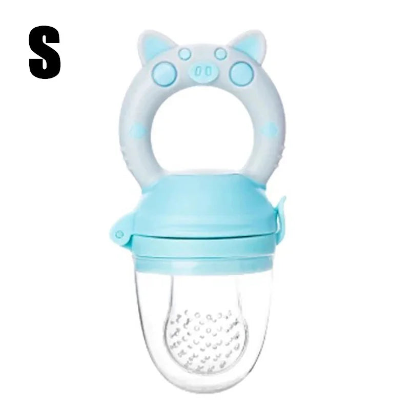 Close-up of Light Blue Sizing silicone baby fresh food feeder showing soft mesh and easy-grip handle for infants.