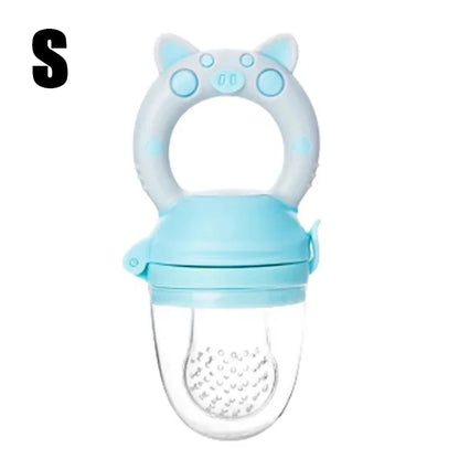 Close-up of Light Blue Sizing silicone baby fresh food feeder showing soft mesh and easy-grip handle for infants.