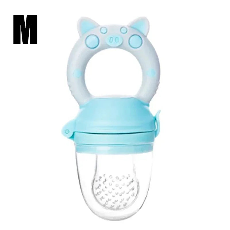 Medium Blue Size Close-up of silicone baby fresh food feeder showing soft mesh and easy-grip handle for infants.