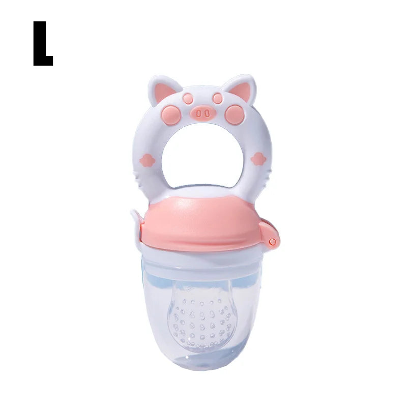 Pink close-up of silicone baby fresh food feeder showing soft mesh and easy-grip handle for infants.