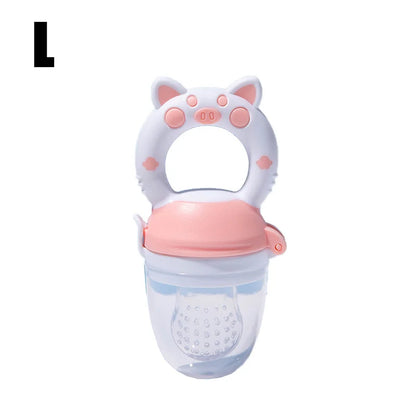 Pink close-up of silicone baby fresh food feeder showing soft mesh and easy-grip handle for infants.