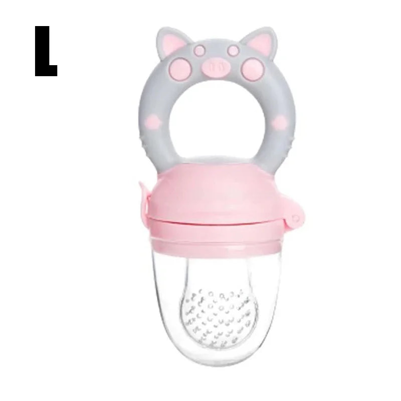 Close-up of  Pink Large silicone baby fresh food feeder showing soft mesh and easy-grip handle for infants.