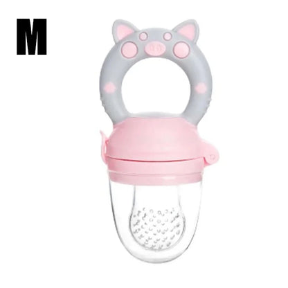 Close-up of Pink Medium Sizing silicone baby fresh food feeder showing soft mesh and easy-grip handle for infants.