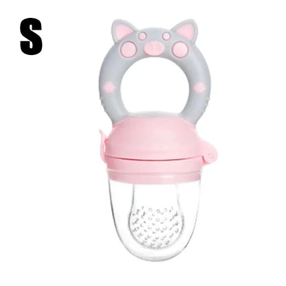 Close-up of Pink Small Sizing silicone baby fresh food feeder showing soft mesh and easy-grip handle for infants.