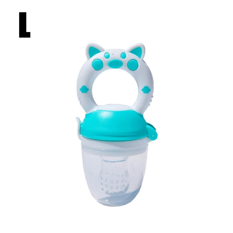 Large size blue - silicone baby fresh food feeder showing soft mesh and easy-grip handle for infants
